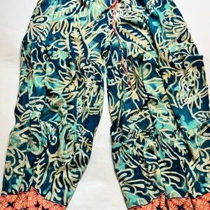 Boho Women Blue Silk   Print Wide Leg Pants Elastic Waist Clothing New1.  498